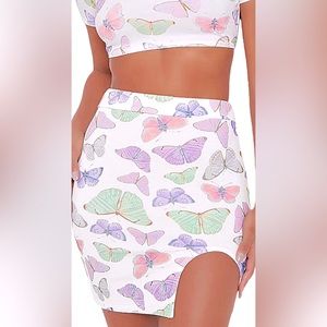 WHITE BUTTERFLY PRINT SPLIT FRONT SKIRT